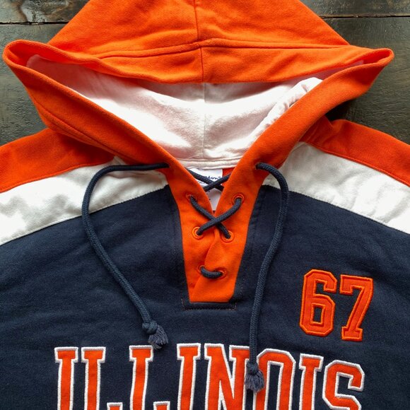 U of ILLINOIS Champion HOCKEY HOODIE 67, size M used once! Lace Hood (mens S) - Picture 2 of 15